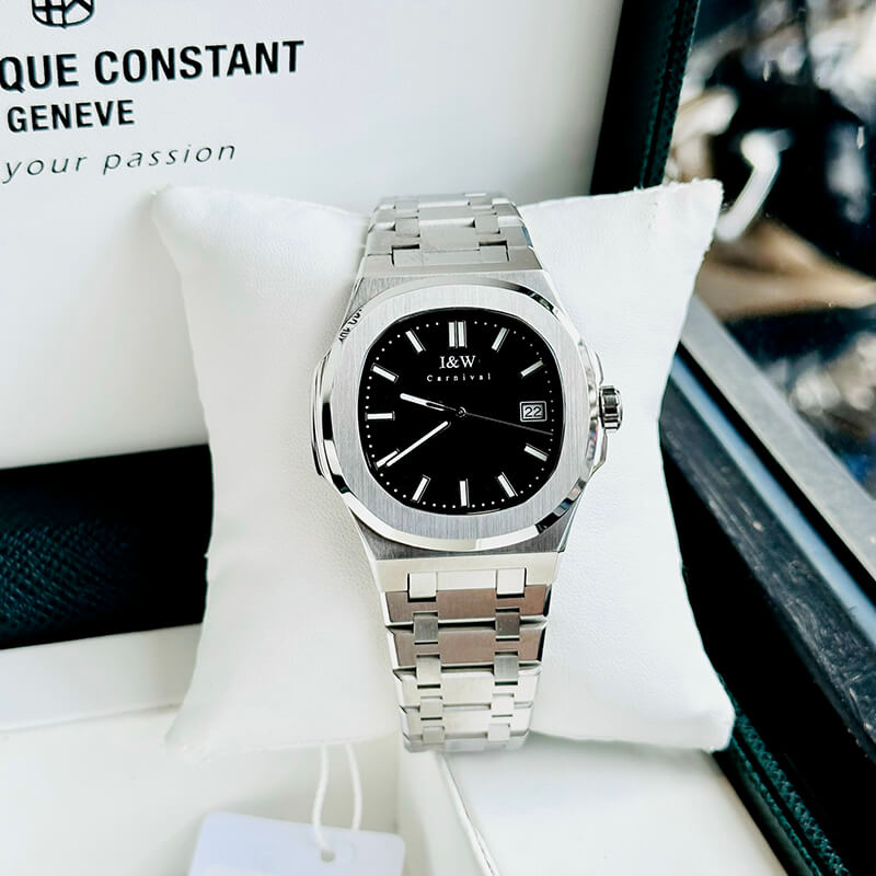 Đồng hồ nam chính hãng I&amp;W Carnival 721G1-T2 kính sapphire,chống xước,chống nước 50m,Bảo hành dài hạn,máy cơ (automatic),mặt đen viền trơn dây thép không gỉ