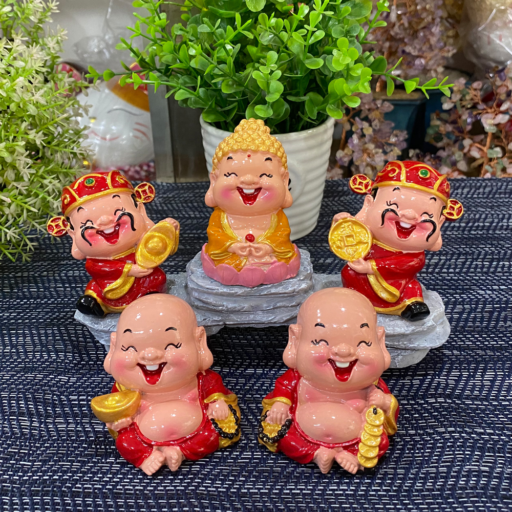 Bộ 05 tượng Di Lặc - Thần Tài - Phật Tổ kèm chân đế giả đá