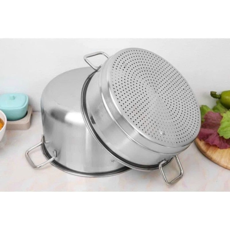 Bộ nồi và xửng hấp inox 430 bếp từ 1 đáy HT COOK 28cm nắp kính dùng được bếp từ - bảo hành 1 tháng luôn