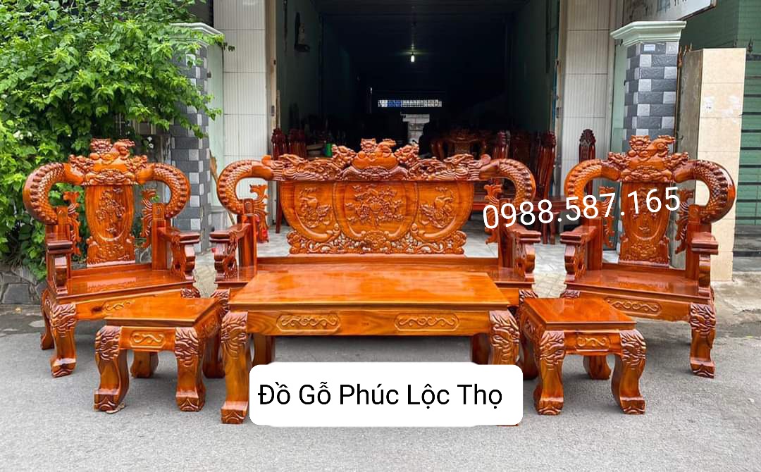 Bộ salon tràm bát tiên +nghê đỉnh ghế dài mặt liền tay 12-Bộ bàn ghế phòng khách