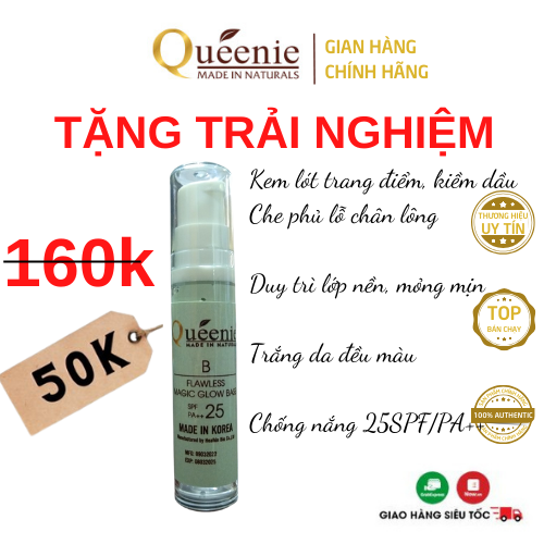 Bộ mỹ phẩm trang điểm Queenie gồm kem lót, kem nền chống nắng 10ml