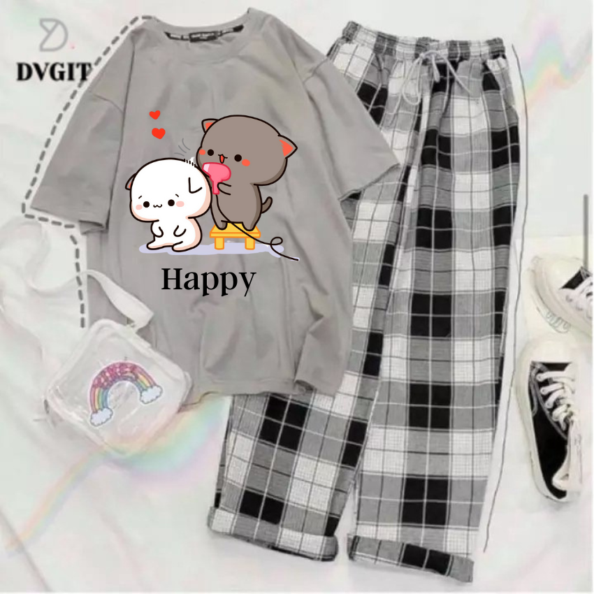 Sét Bộ Nữ SS11, Sét Đồ Nữ Đi Chơi Đẹp In Hình Mèo Sấy Tóc Dễ Thương,Sét Áo Vải Cotton,Quần Kẻ Màu Cá Tính