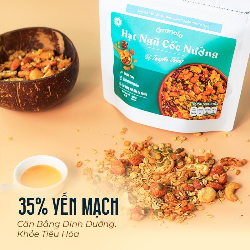 Granola nướng giòn tan - Vị truyền thống túi 150g - Dùng mật dừa nước, 0 trái cây sấy, GI thấp - Hạt ngũ cốc giảm cân - HeydayCacao