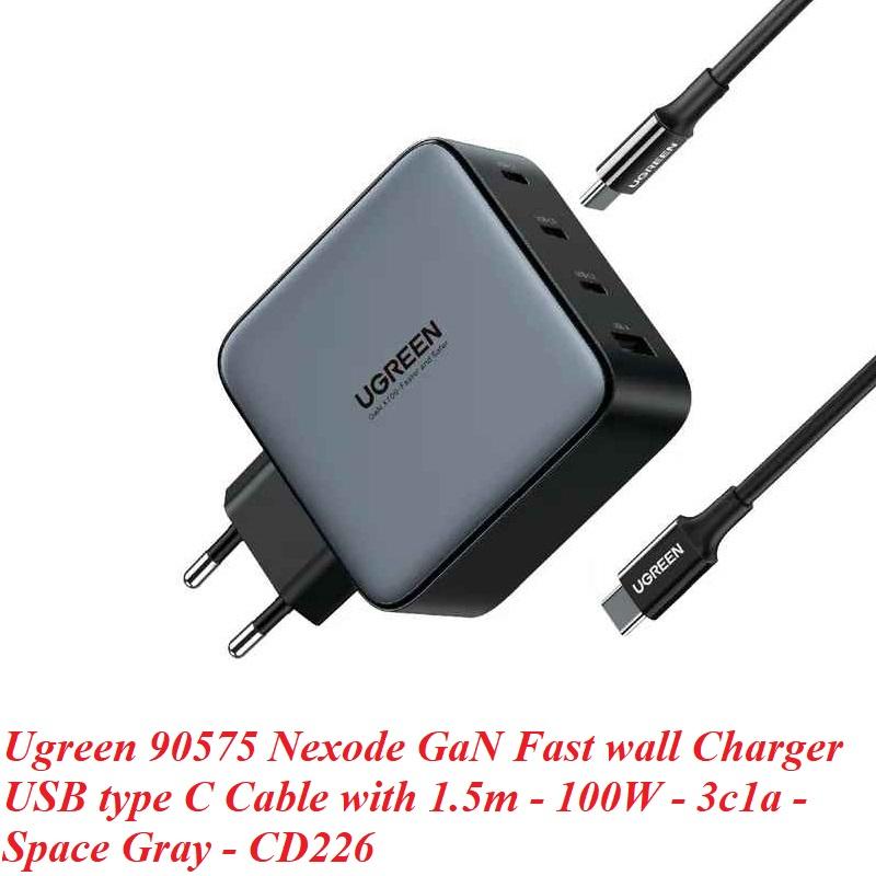 Ugreen UG90575CD226TK 100W Màu Đen Bộ sạc nhanh Nexode chip GaN gồm 3 cổng USB-C + USB-A kèm dây cáp USB-C dài 1.5M chuẩn cắm EU - HÀNG CHÍNH HÃNG