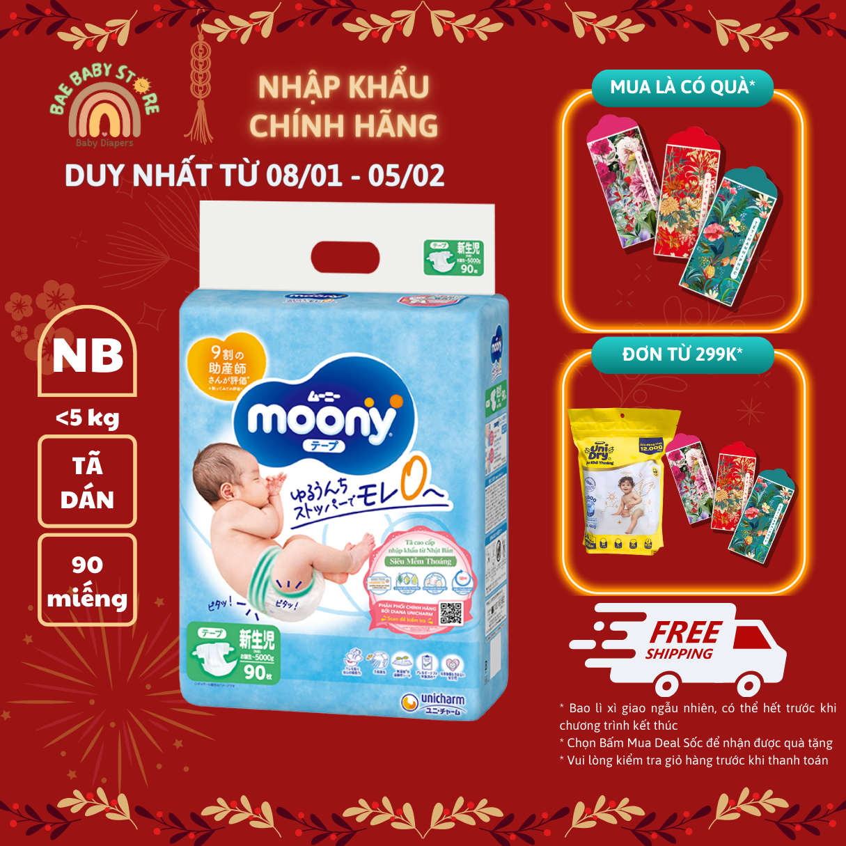 Tã dán sơ sinh Moony Newborn 90 miếng