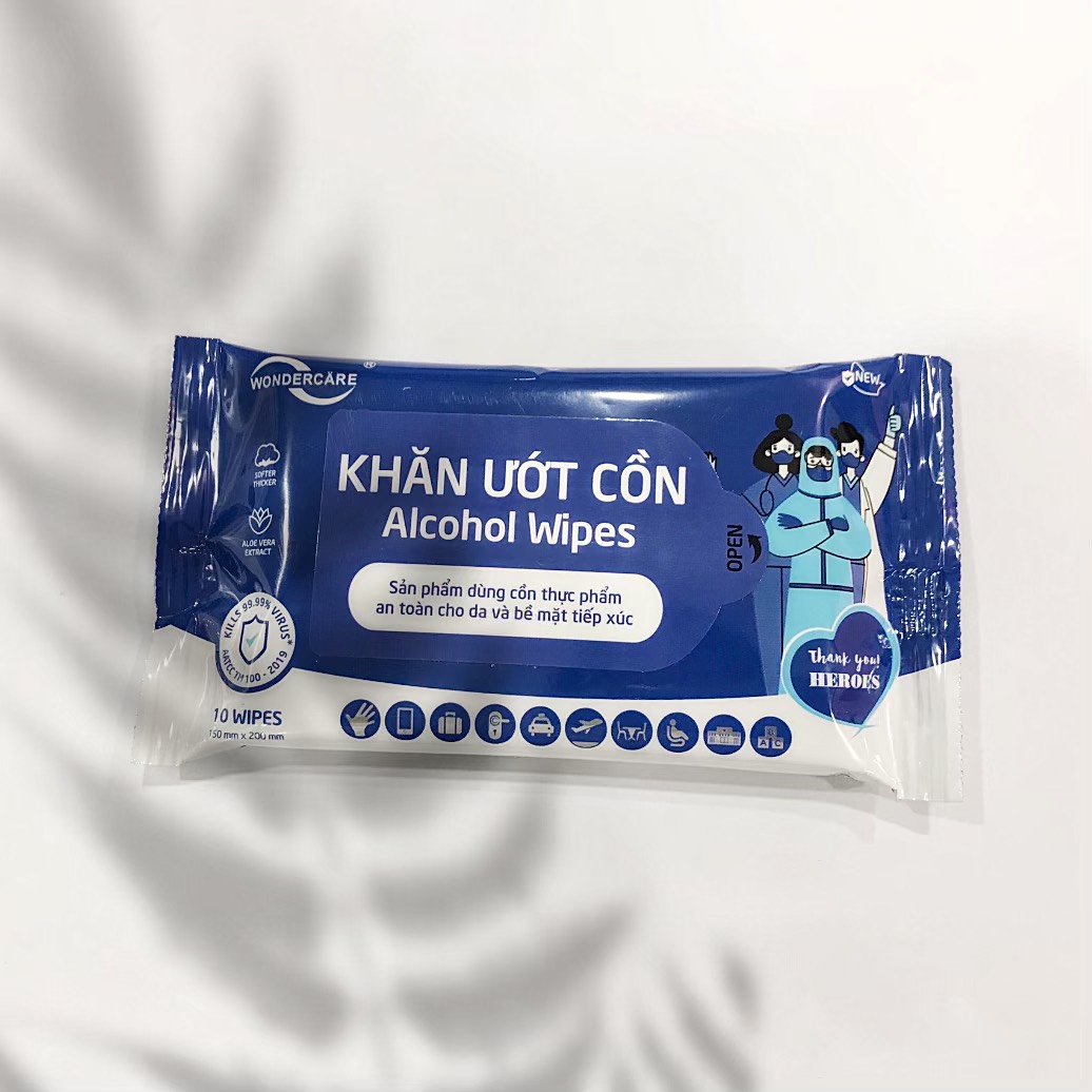 Combo 10 Gói Khăn Ướt Cồn Wondercare 10 Tờ/Gói - Kháng khuẩn 99,9%