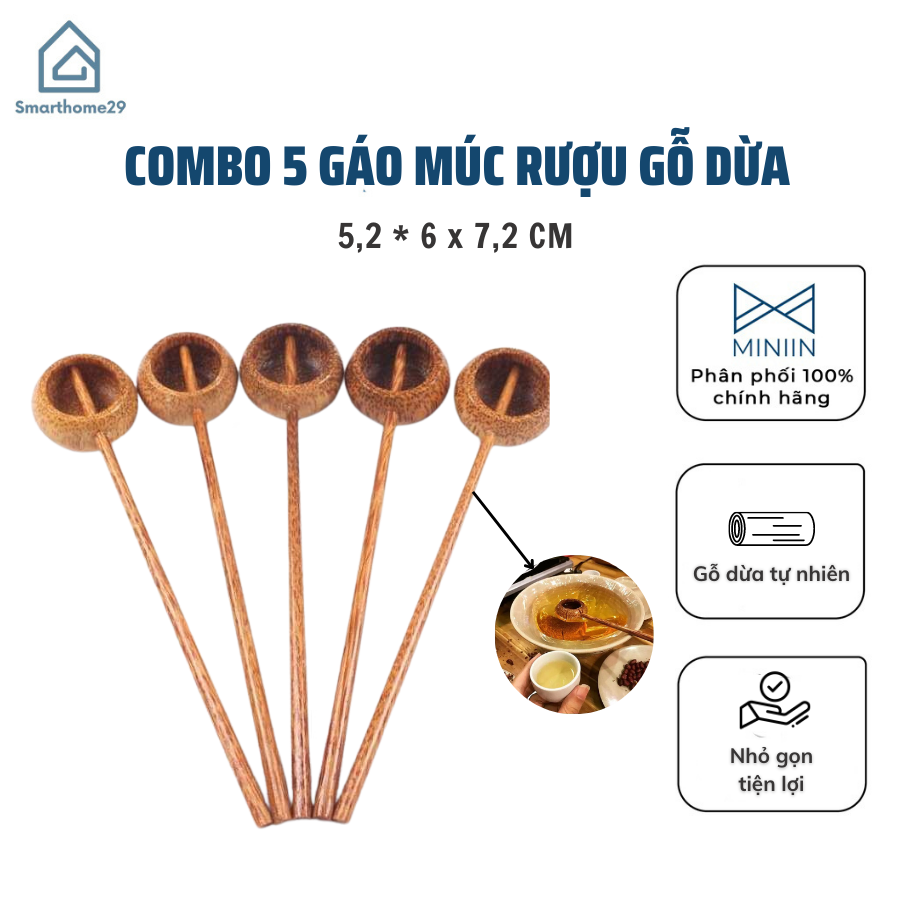 Combo 5 Gáo Múc Rượu Gỗ Dừa Nhỏ Gọn Tiện Dụng, Gáo múc Nước Mắm, Nước Tương Dày Đẹp, Có Thể Làm Phụ Kiện Trang Trí MINIIN