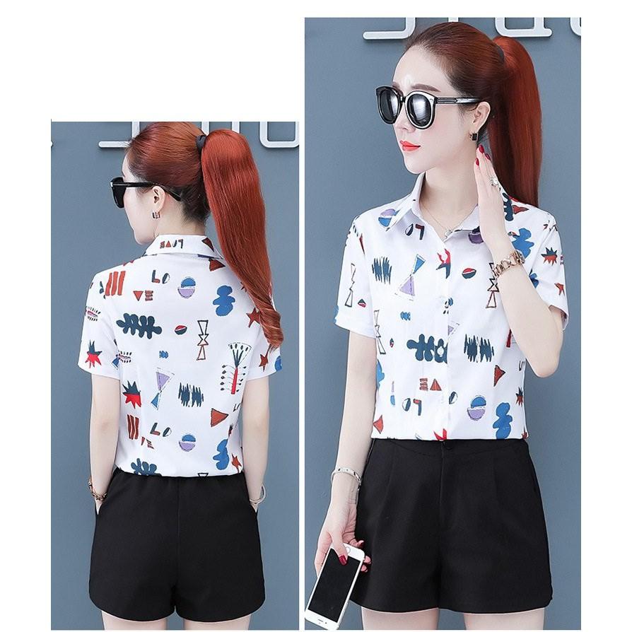 Áo sơ mi nữ ngắn tay họa tiết lạ s69