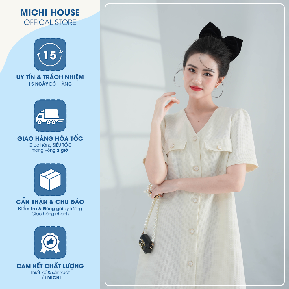 Đầm Suông Công Sở Michi House Váy Xuông Thanh Lịch Cổ V Dáng Suông A Vừa Dài Đến Gối Che Khuyết Điểm Tốt có Bigsize V494