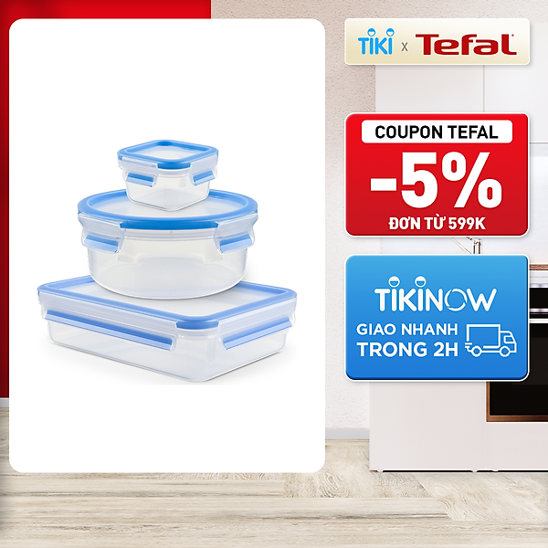 Bộ 3 hộp nhựa tròn, hộp nhựa vuông Tefal Masterseal Fresh 850ml, 0.2L, 1.2L - xanh