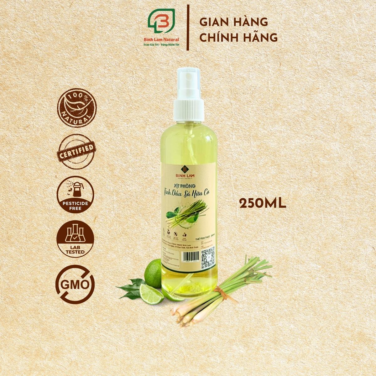 Combo 10 Xịt phòng tinh dầu đuổi muỗi, côn trùng, khử mùi, diệt khuẩn hữu cơ sả chanh Bình Lam Natural 250ml