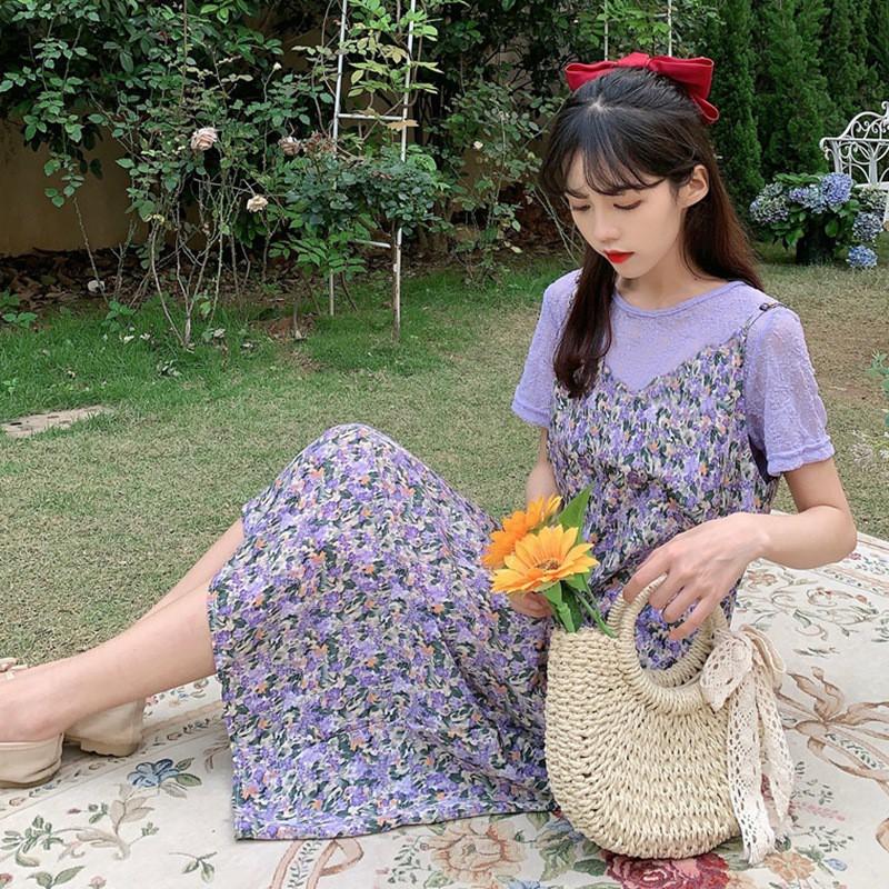 Đầm Hoa Cổ Chữ V Phong Cách Retro Cho Nữ
