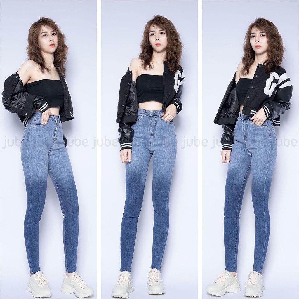 Quần Bò Jeans Nữ Skinny Loang 2 Màu - Quần Nữ Cạp Cao Dáng Ôm Trơn