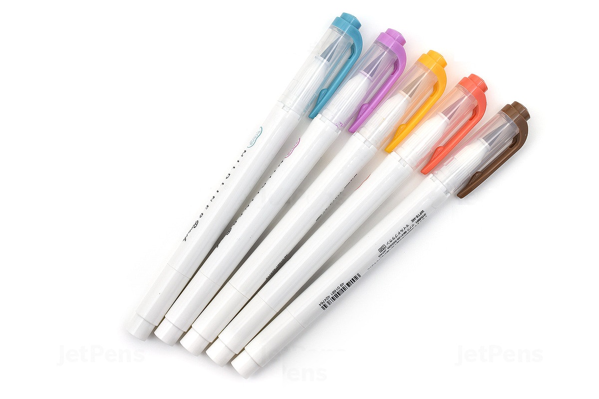 Bộ 5 bút lông đầu cọ hai đầu  Zebra Mildliner Double-Sided Highlighter Brush - Brush / Extra Fine - 5 Deep &amp; Warm Color Set (Nhãn vàng)