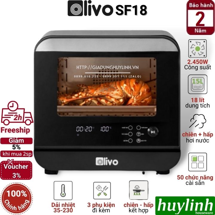 Nồi chiên không dầu hấp hơi nước Olivo SF18 - Dung tích 18 lít - 50 Menu - Hàng chính hãng