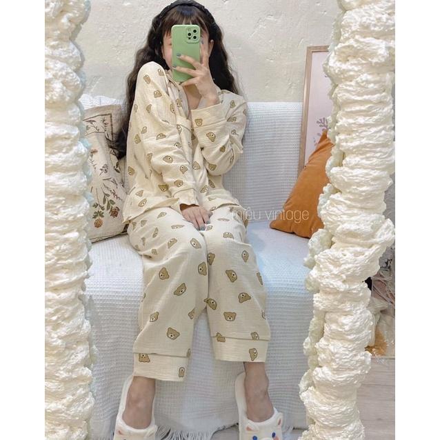 Bộ đồ ngủ nữ, bộ đồ pizama dài tay chất liệu xốp đũi Hàn mềm.