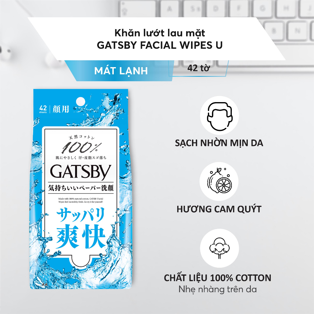 Khăn giấy ướt Gatsby Cool ngừa mụn giảm bóng nhờn gói 42 miếng