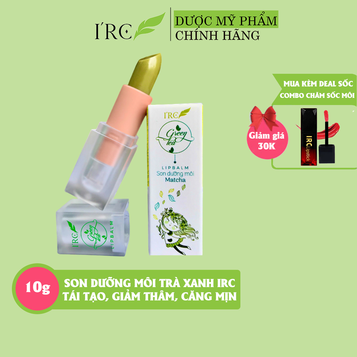 Son dưỡng môi IRC LIPBALM Trà Xanh ăn được tái tạo căng mịn, giảm nứt nẻ giảm thâm và làm hồng môi tự nhiên 10g