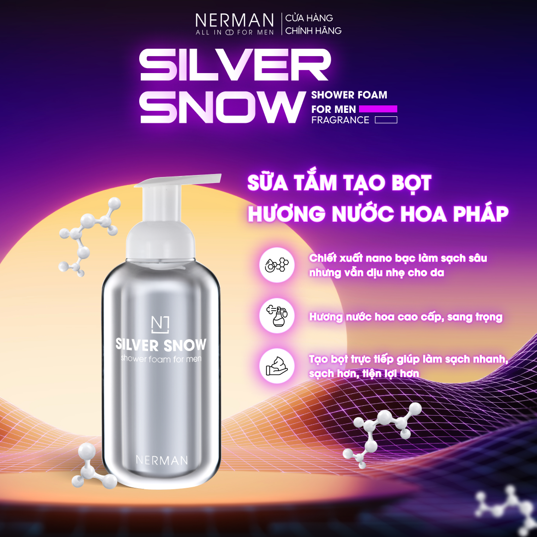 Sữa tắm nam giới tạo bọt Nano bạc Nerman Silver Snow hương nước hoa cao cấp 500g
