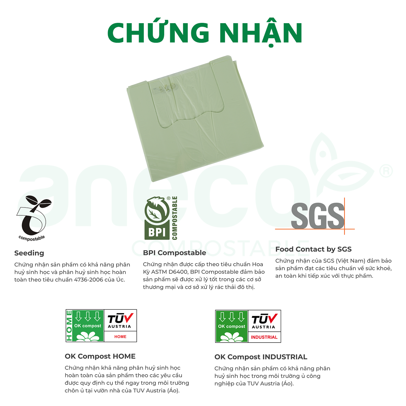 Set túi xốp tự hủy shopping có quai ANECO túi phân hủy sinh học hoàn toàn - Không nhựa 100% - Bảo vệ môi trường