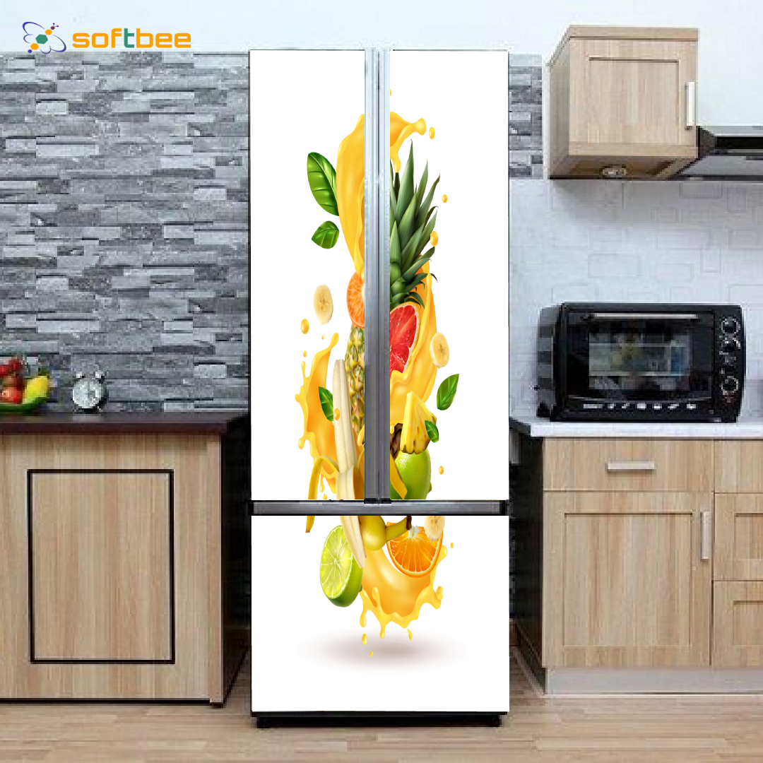 Miếng dán tủ lạnh chất liệu decal chống nước, in hình hoa quả nền trắng