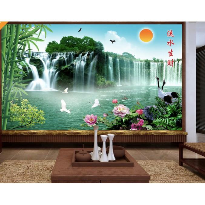 Tranh dán tường Tranh Sơn Thủy Hữu Tình phòng khách hiện đại dán tường  MS959643