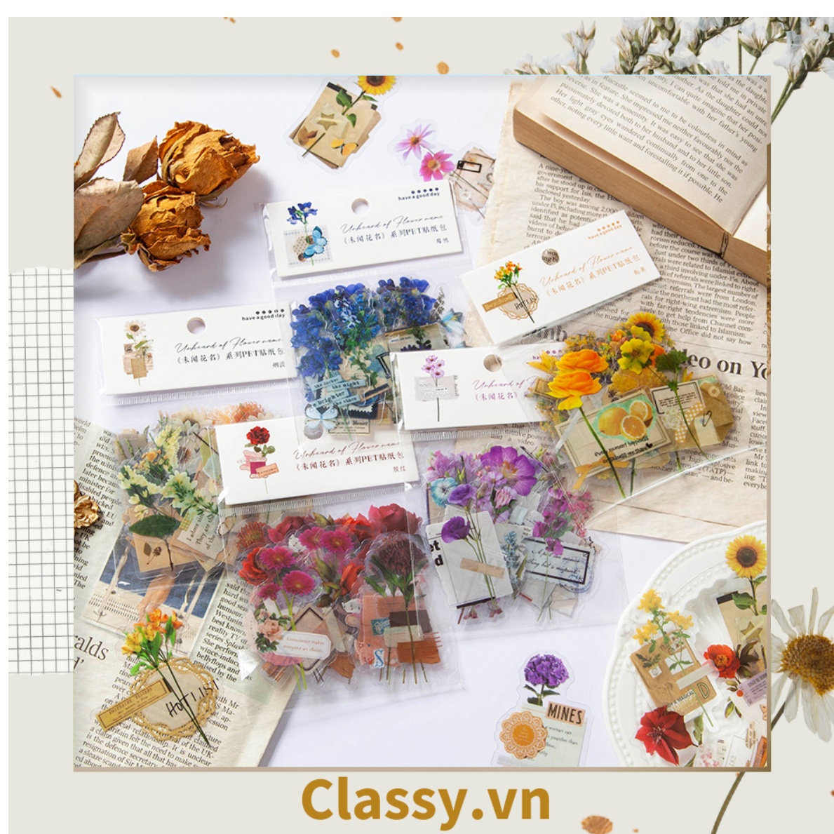 08 miếng Sticker Vintage hình hoa nhỉ thanh lịch PK1710