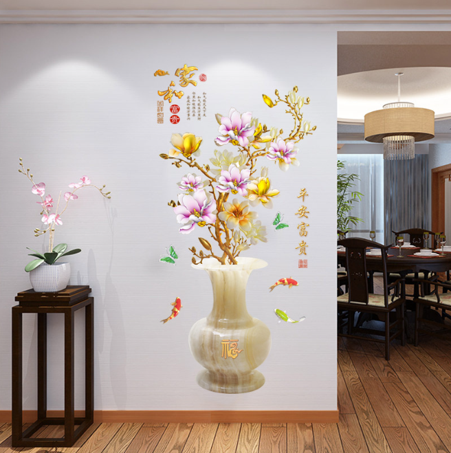 Decal trang trí tường - Bình Hoa Sứ hoa Mai Tím Vàng khoe sắc