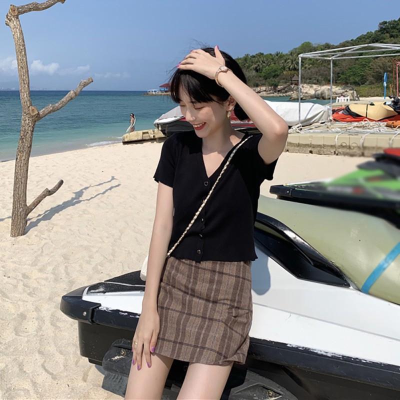 Áo Dệt Kim Ngắn Tay Cổ Chữ V Thời Trang Mùa Hè Hàn Quốc