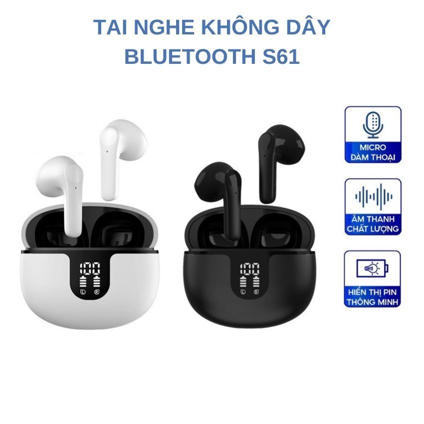 Tai nghe không dây bluetooth S61 TWS cao cấp cảm ứng chạm thông minh cực nhạy - Tai nghe True Wireless ENC chống nước IPX5, màn hình kỹ thuật số, giảm tiếng ồn kép