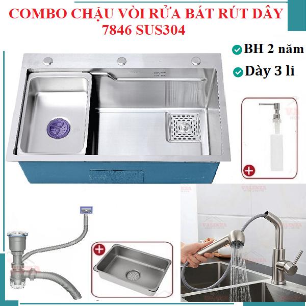 Combo chậu rửa chén 1 hố 7846 sus304 Valenza vòi rửa bát nóng lạnh dây rút 02 bộ xả khay inox bình rửa bát- Dày 3li