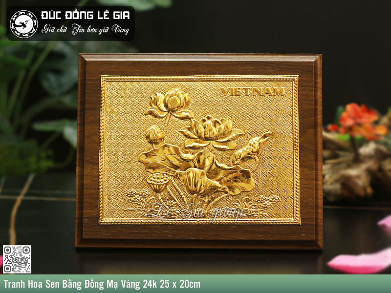 Tranh Hoa Sen Bằng Đồng Mạ Vàng 24k 25 x 20cm