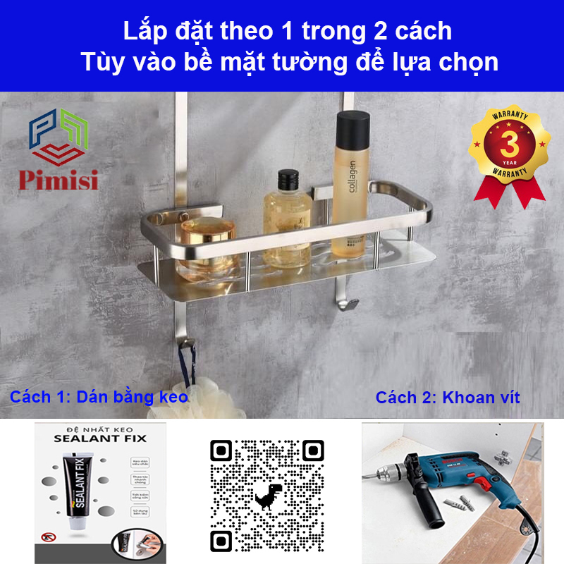 Kệ nhà tắm để đồ gắn tường phẳng thẳng hay để góc không cần khoan Pimisi inox 304 hình chữ nhật đựng đồ trong phòng tắm hoặc kệ nhà bếp 1 - 2 tầng thông minh dán tường bằng keo siêu chắc hoặc khoan đinh vít | Hàng chính hãng