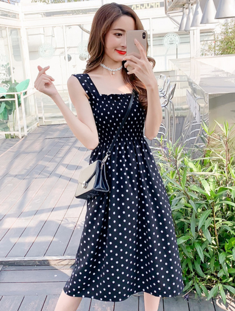 Đầm Hai Dây Chấm Bi Nhún Ngực Dễ Thương DN060 MayHomes - Đen