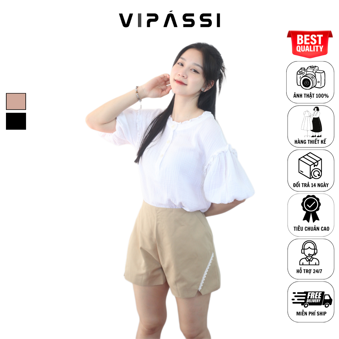 VIPÁSSI Quần Short Chữ A 2 Lớp Dây Kéo Sắt Xẻ Túi Kiểu Có Ren