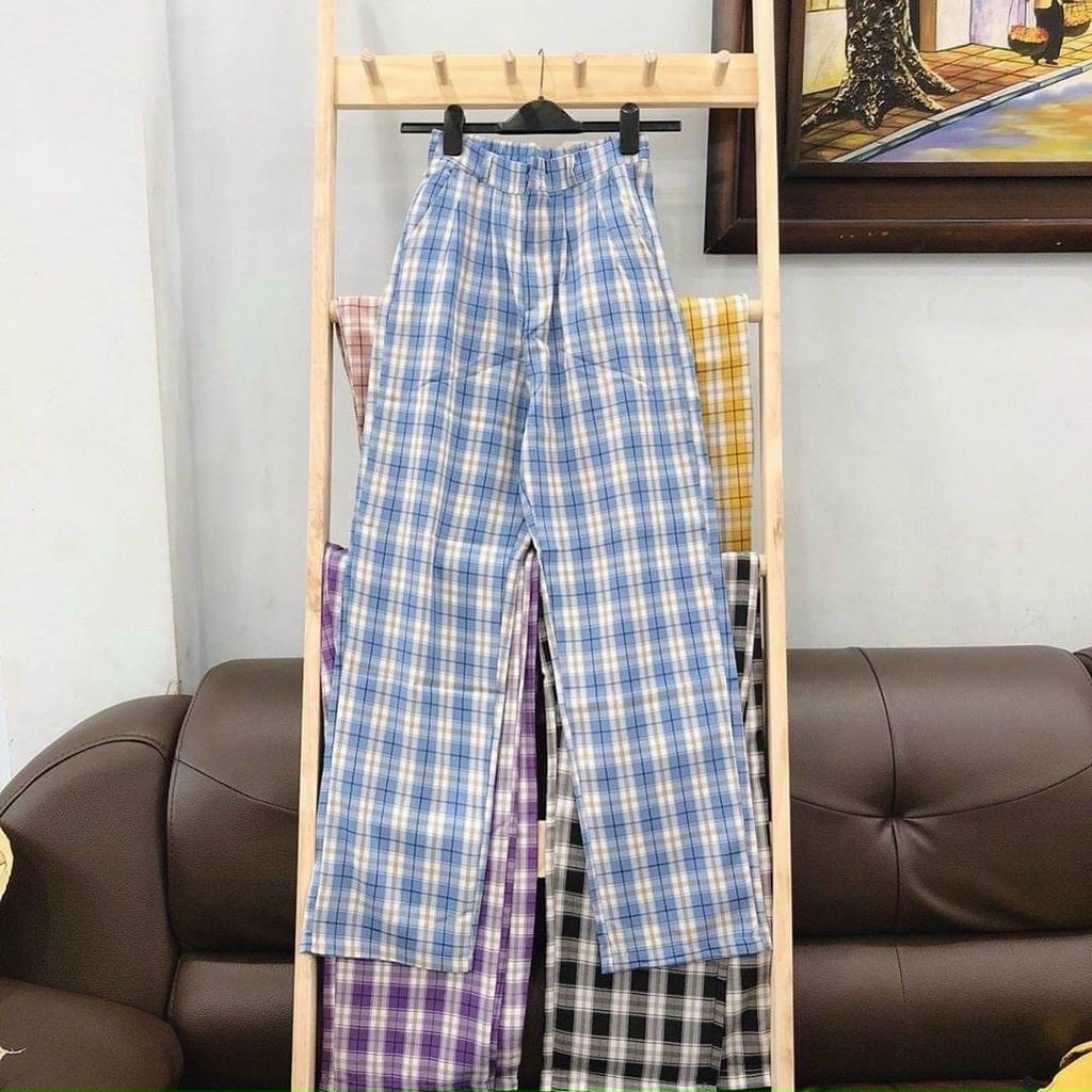 Quần Ống Rộng Nữ Kẻ Caro Lưng Cao Loại Đẹp - Quần Ống Suông Cạp Cao Kanimi - QD27