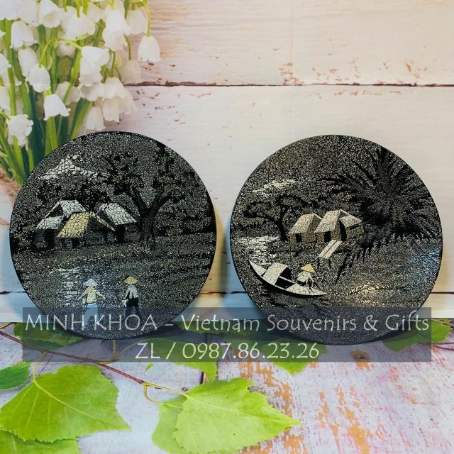 Bộ 2 Đĩa Tròn Sơn Mài Cẩn Trứng Trai 20 Cm - Vietnam Lacquer Round Plate With Handpanting