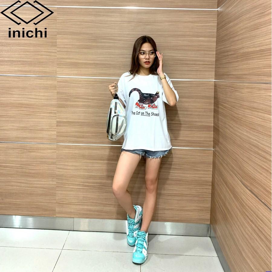 Áo thun unisex tay lỡ form rộng phong cách trẻ áo INICHI in hình chú mèo ngố mang giày - A651 màu trắng