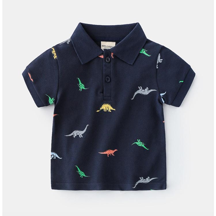 Áo polo tay ngắn in hình khủng long hoạt hình vải cá sấu cao cấp kiểu mùa hè đáng yêu cho bé trai, áo cộc tay cho bé