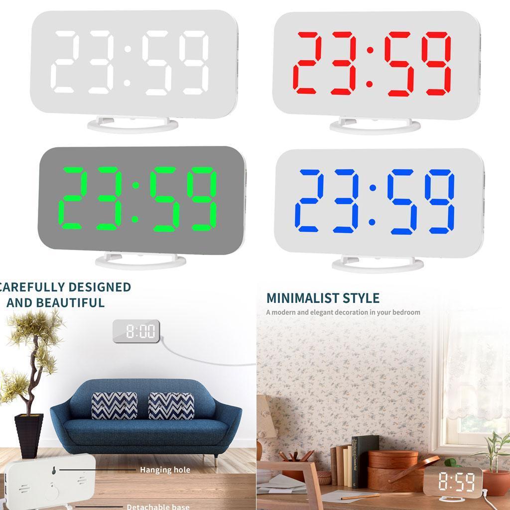 Digital Alarm Clock Portable Mirror Surface Snooze Clock USB Charging White