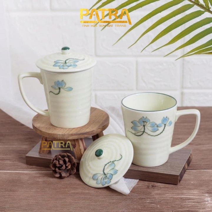 Cốc sứ có nắp, ly sứ men kem Bát Tràng cao cấp, cốc uống nước có quai 350ml nhiều mẫu lựa chọn