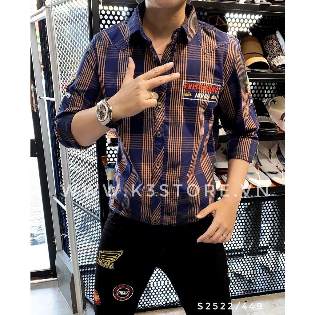 Sơ mi nam tay dài sọc nâu xanh thêu evisu kuro japan hàng thiết kế K3 STORE