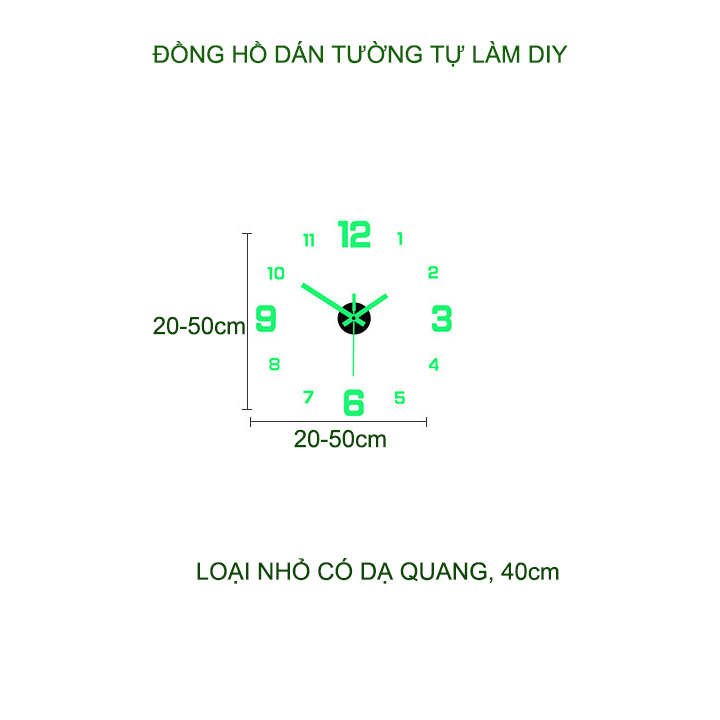 Đồng hồ dán tường tự làm DIY loại nhỏ có dạ quang, đường kính 20-50cm