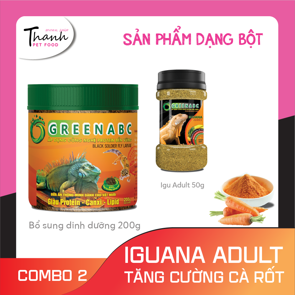 Thức ăn bò sát Iguana Trưởng Thành nhãn GREENABC vị cà rốt dùng cho Iguana từ 1m trở lên – Gai bung, gù cao, dáng đẹp, lên màu tươi - Hộp 230g