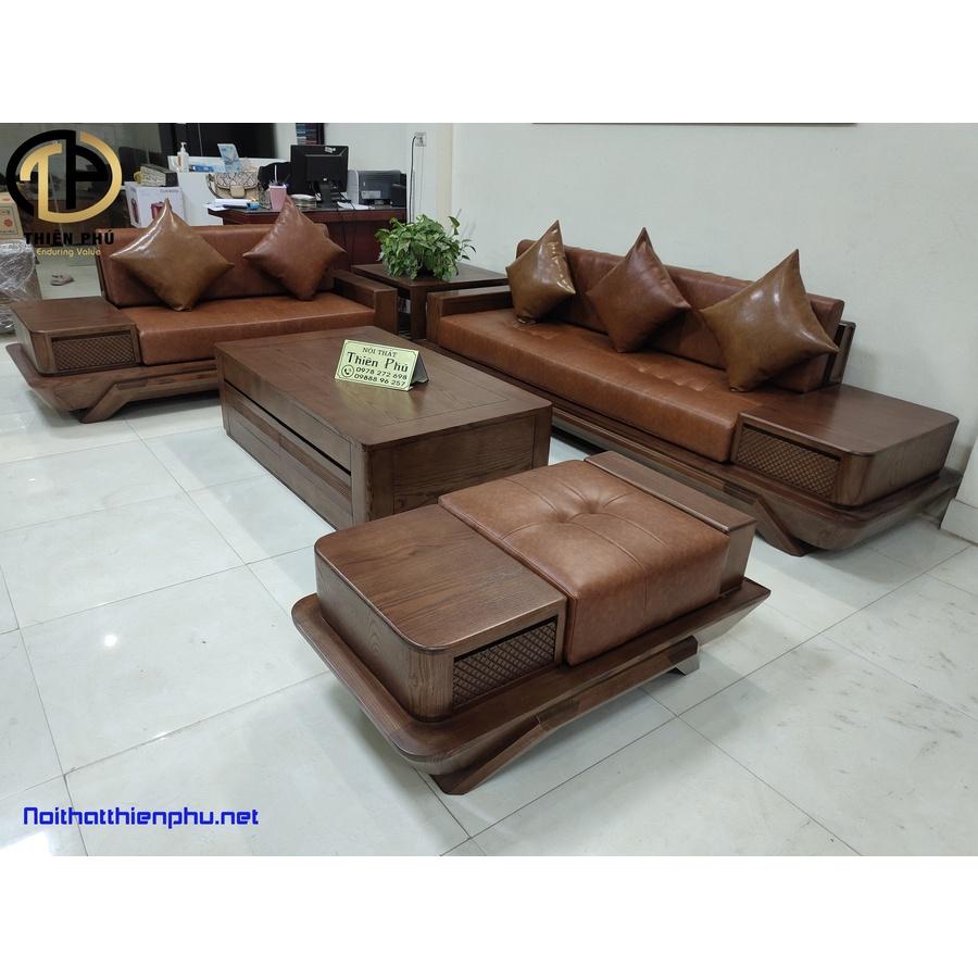 Mẫu mới 2022 - Sofa Gỗ Sồi Chân Thuyền TP-141-2 Hot, Gỗ Sồi Nga Màu Óc Chó, Đệm mút K43, Da Microfiber Giá Tại Xưởng