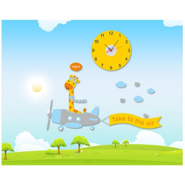 Decal Trang Trí Tường Kèm Đồng Hồ Dán Tường Hươu Cao Cổ Lái Máy Bay
