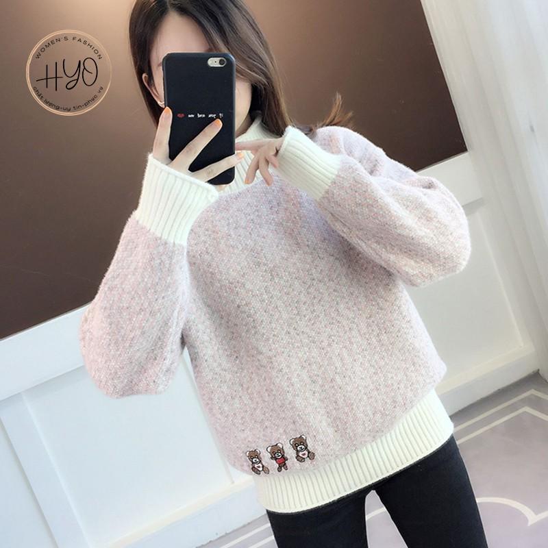 Áo Len Nữ 3 chú gấu Bear Lông Cừu form rộng Hàn Quốc thu đông HYO Quảng Châu