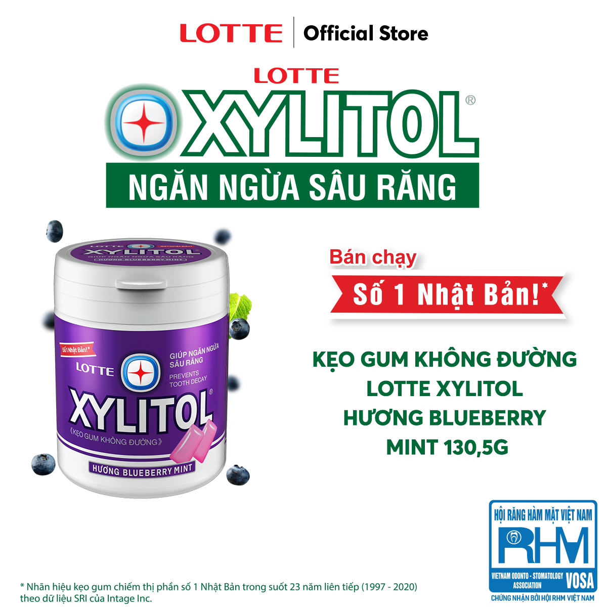 Combo 6 hũ Kẹo Gum không đường Lotte Xylitol - Hương Blueberry Mint 130,5 g