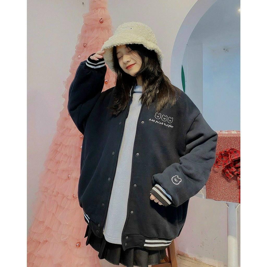 ( VIDEO ) Áo Khoác Cardigan Nỉ Thêu 3 Mặt Con Gấu Siêu Cute - Bomer Jacket Thu Đông - From Rộng Unisex Nam Nữ Couple