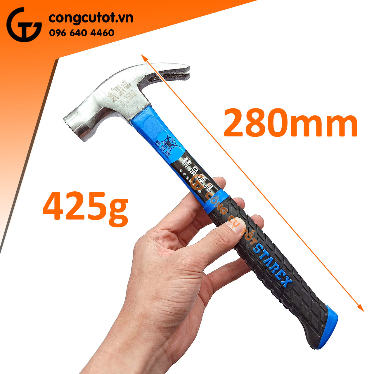 Búa đinh chống trượt 280mm x 425g cán nhựa xanh bọc cao su đen